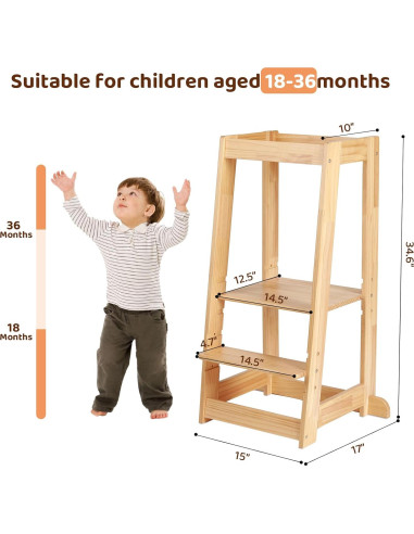 Taburete Ajustable KIDINIX para Niños, Madera Natural, 3 Alturas