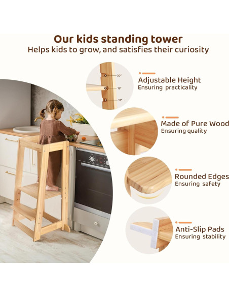 Taburete Ajustable KIDINIX para Niños, Madera Natural, 3 Alturas
