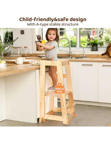 Taburete Ajustable KIDINIX para Niños, Madera Natural, 3 Alturas