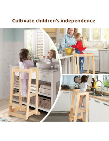 Taburete Ajustable KIDINIX para Niños, Madera Natural, 3 Alturas