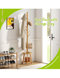 Perchero BMOSU de pie con 2 estantes de bambú, 8 ganchos 2