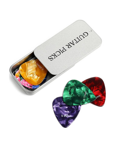 Paquete de 15 púas de guitarra celuloide con caja metálica