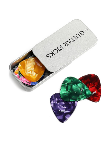 Paquete de 15 púas de guitarra celuloide con caja metálica