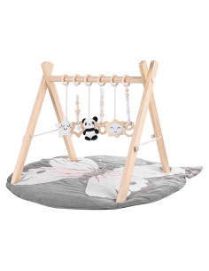 Gimnasio de Juego de Madera Plegable para Bebés con Alfombra y 6 Juguetes Sensoriales