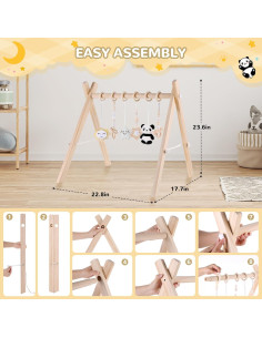 Gimnasio de Juego de Madera Plegable para Bebés con Alfombra y 6 Juguetes Sensoriales 2