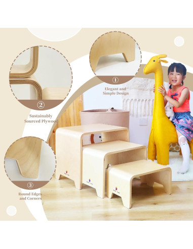 Juego de Taburetes Apilables Damoch 3 en 1 para Niños - Madera Ecológica