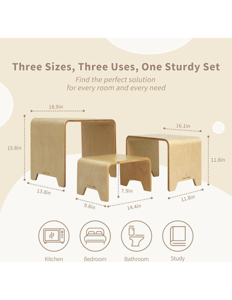 Juego de Taburetes Apilables Damoch 3 en 1 para Niños - Madera Ecológica