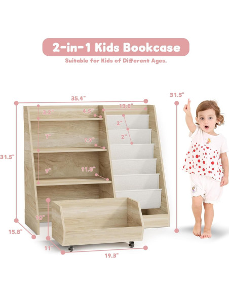 Estantería Infantil COZPAW 4 Niveles con Cajón y Bolsillos de Tela