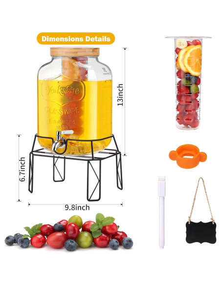 Dispensador de Bebidas de Vidrio MIWUYI 2 Galones con Soporte