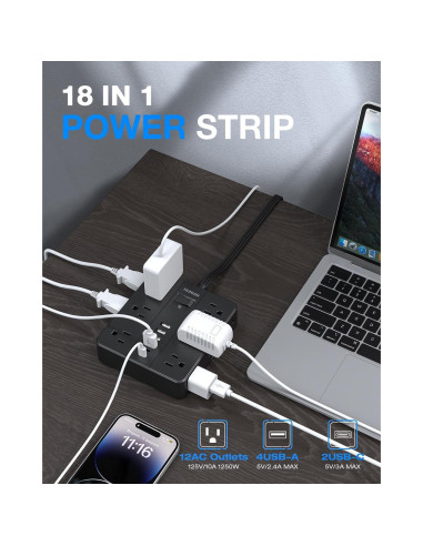 Regleta de Enchufes Plana HUNIAN 12 Tomas AC 6 USB Negro