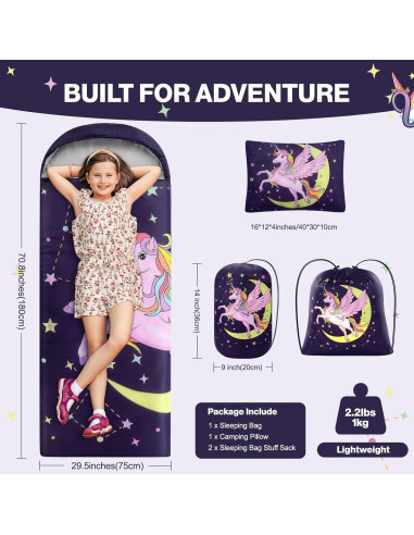 Saco de dormir infantil ETGLCOZY Unicornio 180x74 cm con almohada