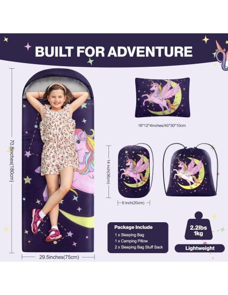 Saco de dormir infantil ETGLCOZY Unicornio 180x74 cm con almohada