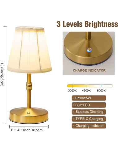 Lámpara Mini Inalámbrica KPSHINE Dorada 3000 mAh Regulable 3 Temperaturas
