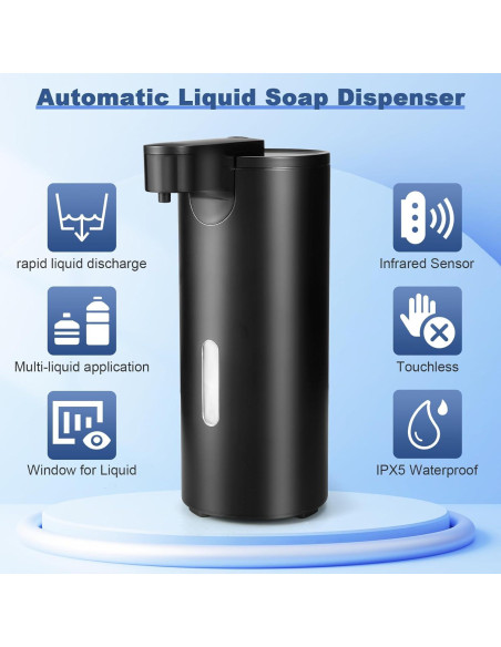 Dispensador Automático de Jabón VZZNN 340ml Acero Inoxidable Negro