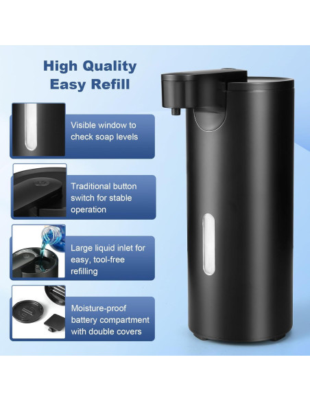 Dispensador Automático de Jabón VZZNN 340ml Acero Inoxidable Negro