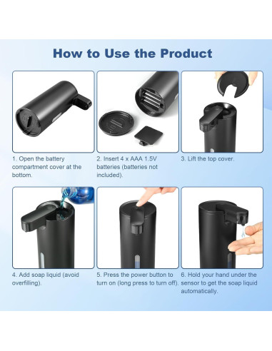 Dispensador Automático de Jabón VZZNN 340ml Acero Inoxidable Negro