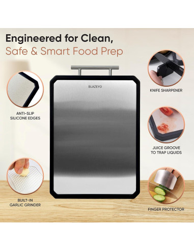 Tabla de Cortar Doble Cara BLAZEYO Acero Inoxidable 40.6x27.9cm