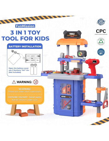 Banco de herramientas 3 en 1 FunMission para niños + taladro