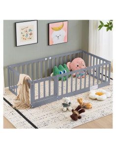 Cama de Piso Twin HOMMOW con Barandillas y Puerta - Gris