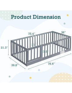 Cama de Piso Twin HOMMOW con Barandillas y Puerta - Gris 2