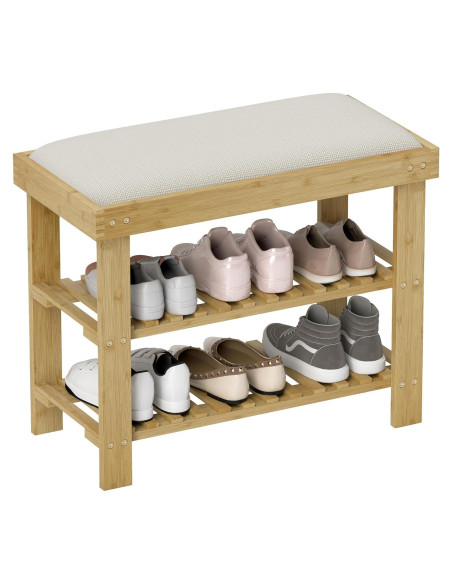 Banco de Entrada HOMCOM de Bambú con Almacenamiento y Cojín 60x29x49cm