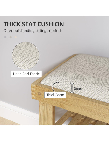 Banco de Entrada HOMCOM de Bambú con Almacenamiento y Cojín 60x29x49cm