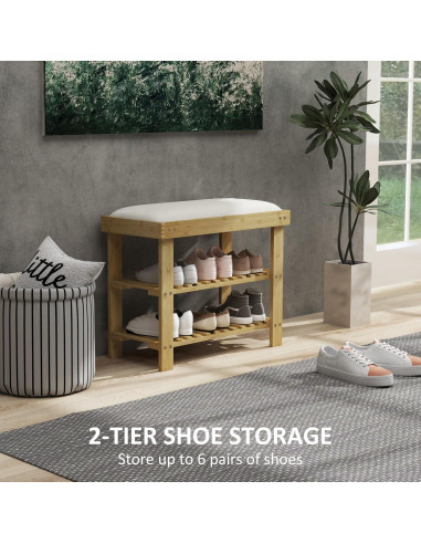 Banco de Entrada HOMCOM de Bambú con Almacenamiento y Cojín 60x29x49cm