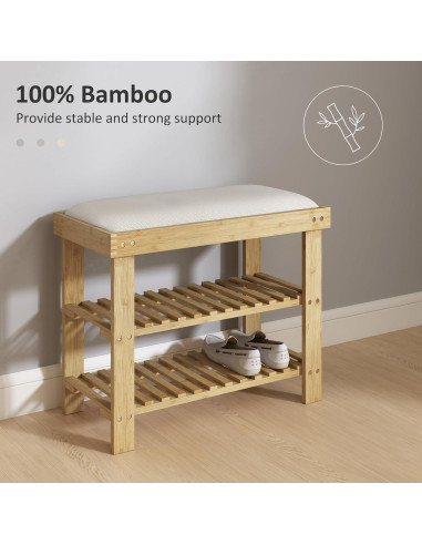 Banco de Entrada HOMCOM de Bambú con Almacenamiento y Cojín 60x29x49cm