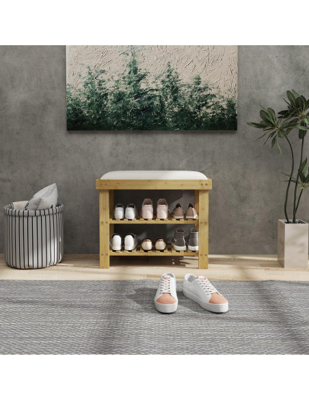 Banco de Entrada HOMCOM de Bambú con Almacenamiento y Cojín 60x29x49cm