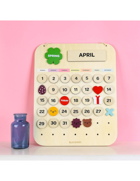 Calendario Perpetuo de Madera Azul Ginkgo para Niños 39.37x31.75cm Calendario Perpetuo de Madera Azul Ginkgo para Niños 39.37x31.75cm