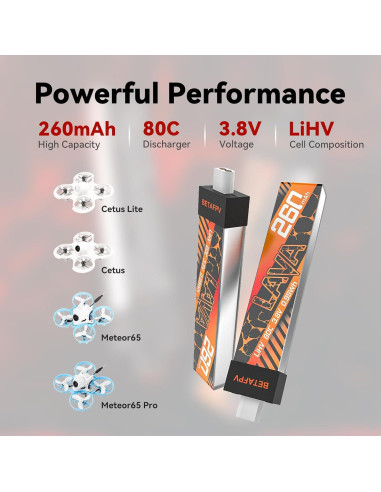 Baterías Lipo 1S 260mAh BETAFPV 80C con Conector BT2.0 - 5 Pcs