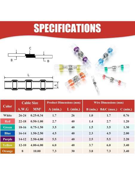 200 Conectores de Cable Termocontraíbles Camtek Rojo 22-18 AWG