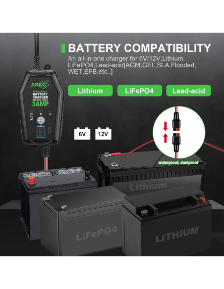 Cargador de Batería Inteligente 3A 6V/12V ANKG-02 a Prueba de Agua
