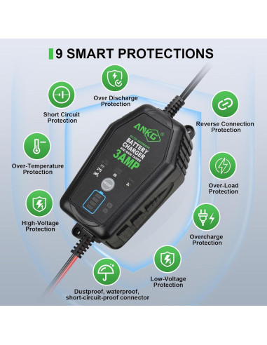 Cargador de Batería Inteligente 3A 6V/12V ANKG-02 a Prueba de Agua