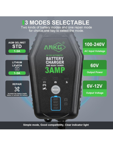Cargador de Batería Inteligente 3A 6V/12V ANKG-02 a Prueba de Agua