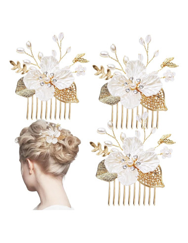 3 Horquillas de Boda Doradas con Perlas y Cristales SHEHARUHI