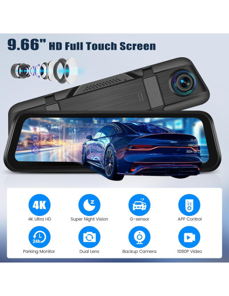 Cámara de tablero espejo 4K AMprime 9.66" GPS Dual