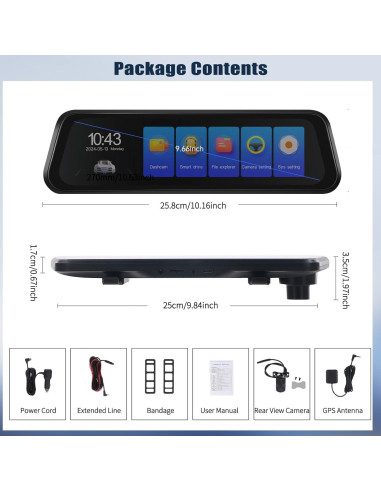 Cámara de tablero espejo 4K AMprime 9.66" GPS Dual