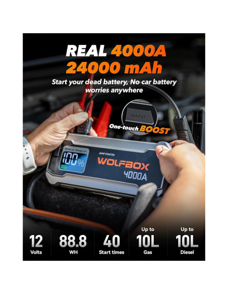 Arrancador de Batería 24000mAh WOLFBOX 4000A + Cámara X3 2.5K