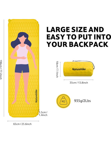 Almohadilla de Camping Autoinflable Naturehike Amarilla 196x65cm