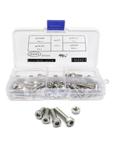 Juego de 200 Piezas Tornillos y Tuercas M3 Acero Inoxidable 304