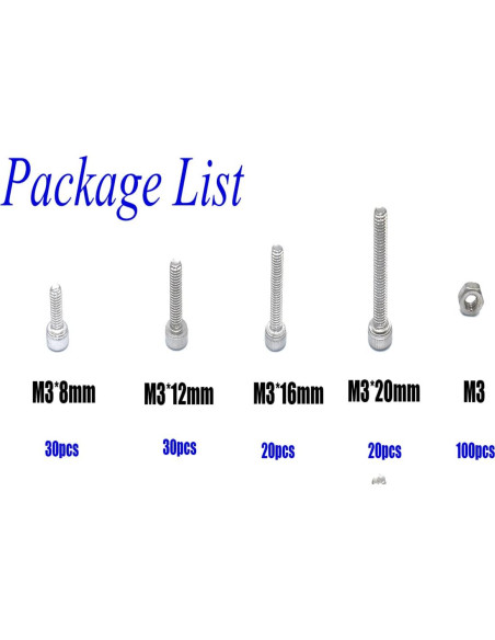 Juego de 200 Piezas Tornillos y Tuercas M3 Acero Inoxidable 304