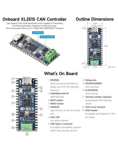 Placa de Desarrollo CAN Waveshare RP2350, 150 MHz, I/O Múltiples