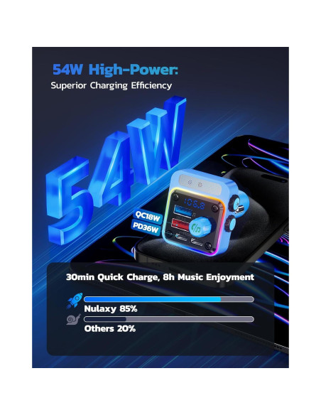 Transmisor FM Bluetooth Nulaxy BC91 54W Cargador 4 Puertos