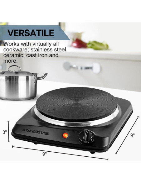 Cocina Eléctrica OVENTE BGS101B 1000W Hierro Fundido 22.86cm