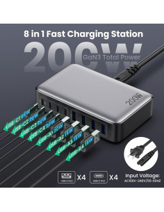 Cargador USB C 200W GaN III 8 Puertos Rápido para Laptop 2