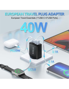 Adaptador de Enchufe Europeo 40W CARZONJX 4 Puertos USB C 2