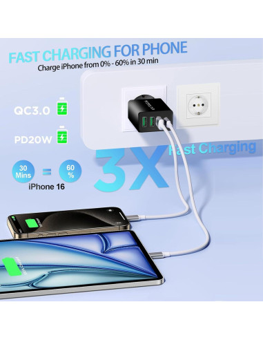 Adaptador de Enchufe Europeo 40W CARZONJX 4 Puertos USB C