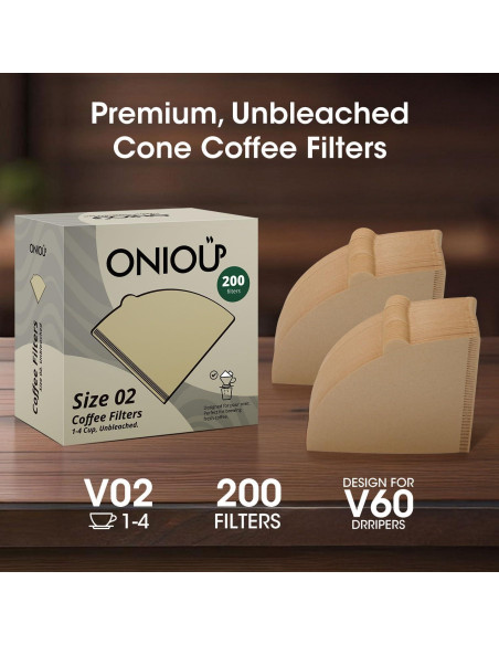 Filtros de café ONIOU V60 02, 200 unidades sin blanquear