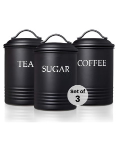 Juego de 3 Tarros de Cocina de Acero Negro para Azúcar, Café y Té